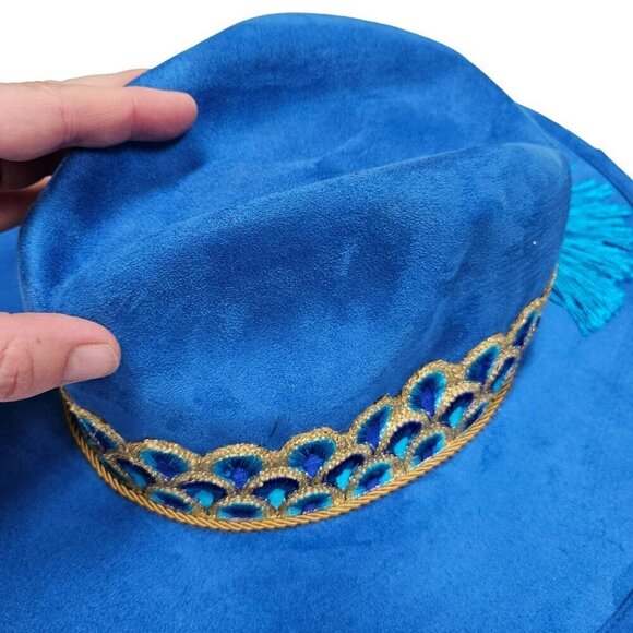 Peacock Royal Blue Velvet Cowboy Wide Brim Hat Tassel Embroidered Ribbon‎ Band M main image 15